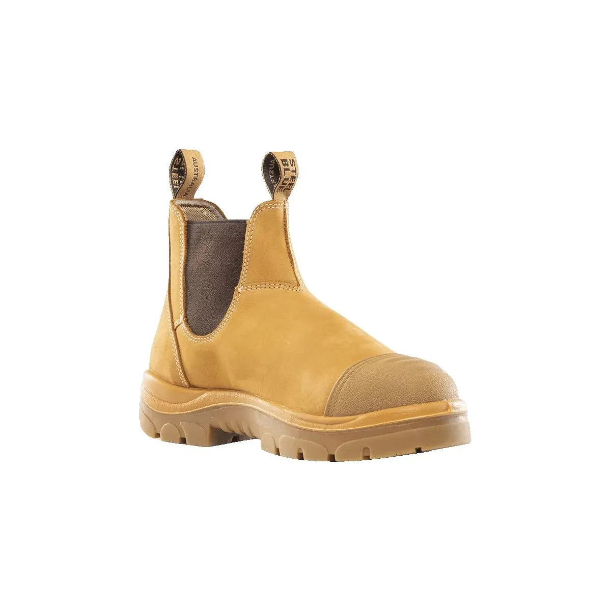 A Steel Blue brand safety boot with a scuff cap, elastic sided design, and a steel toe cap.