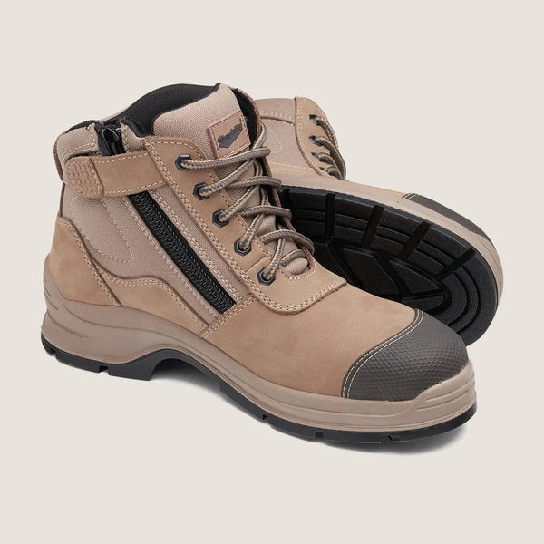 Blundstone 325 Unisex Zip Up Safety Boot in stone nubuck with steel toe cap and slip-resistant outsole.
