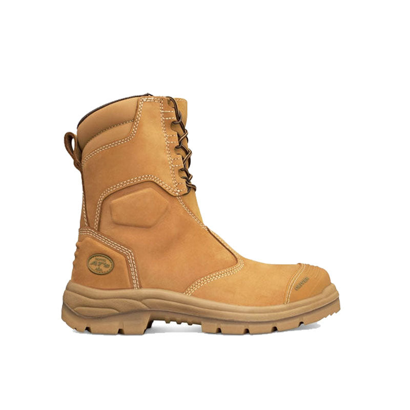 Tan work boot on a white background