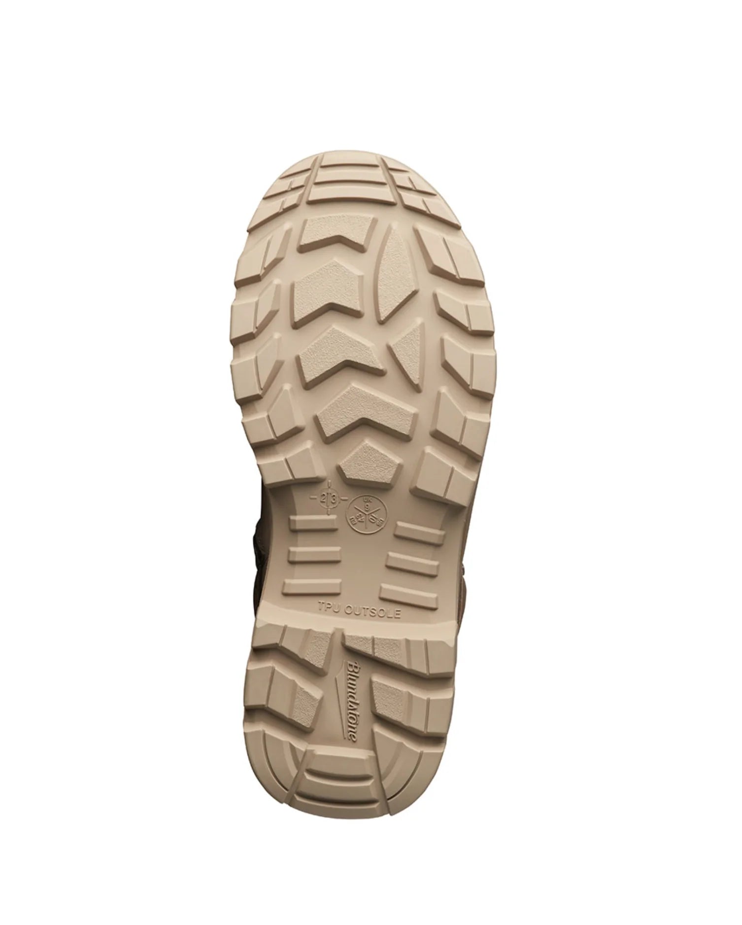 Close-up of a beige boot sole with tread pattern on a white background