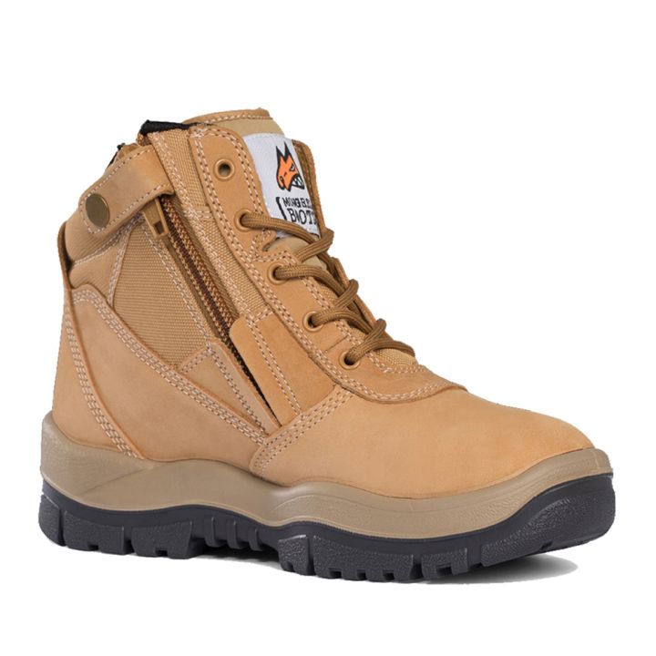 Tan work boot with a brand logo on a white background