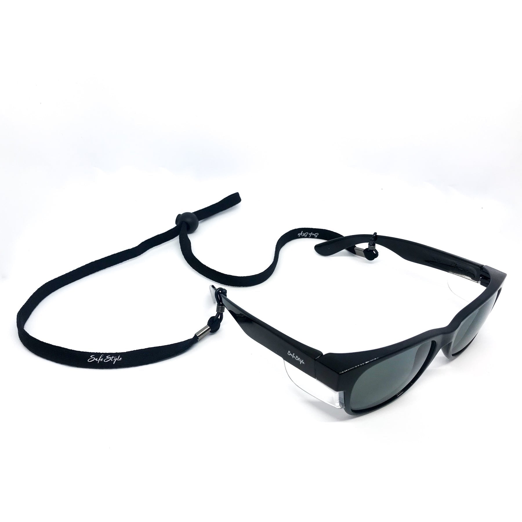 Safe Style SL1000 Lanyards attached to black sunglasses on a white background.