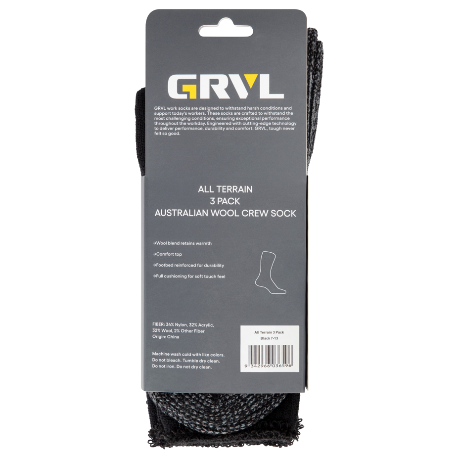 GRVL Socks - All Terrain 3 Pack with Australian Merino Wool, moisture-wicking, thermodynamic control, full-cushion comfort, crew length.