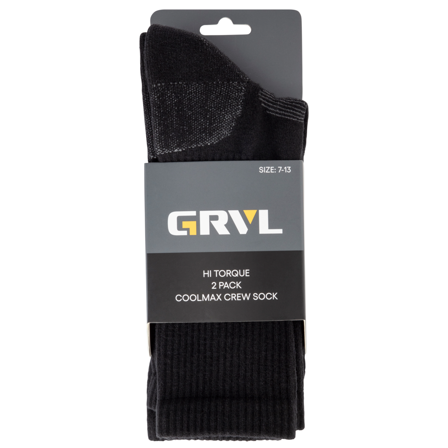 GRVL Socks Hi Torque Coolmax 2 Pack in packaging, durable and moisture-wicking.