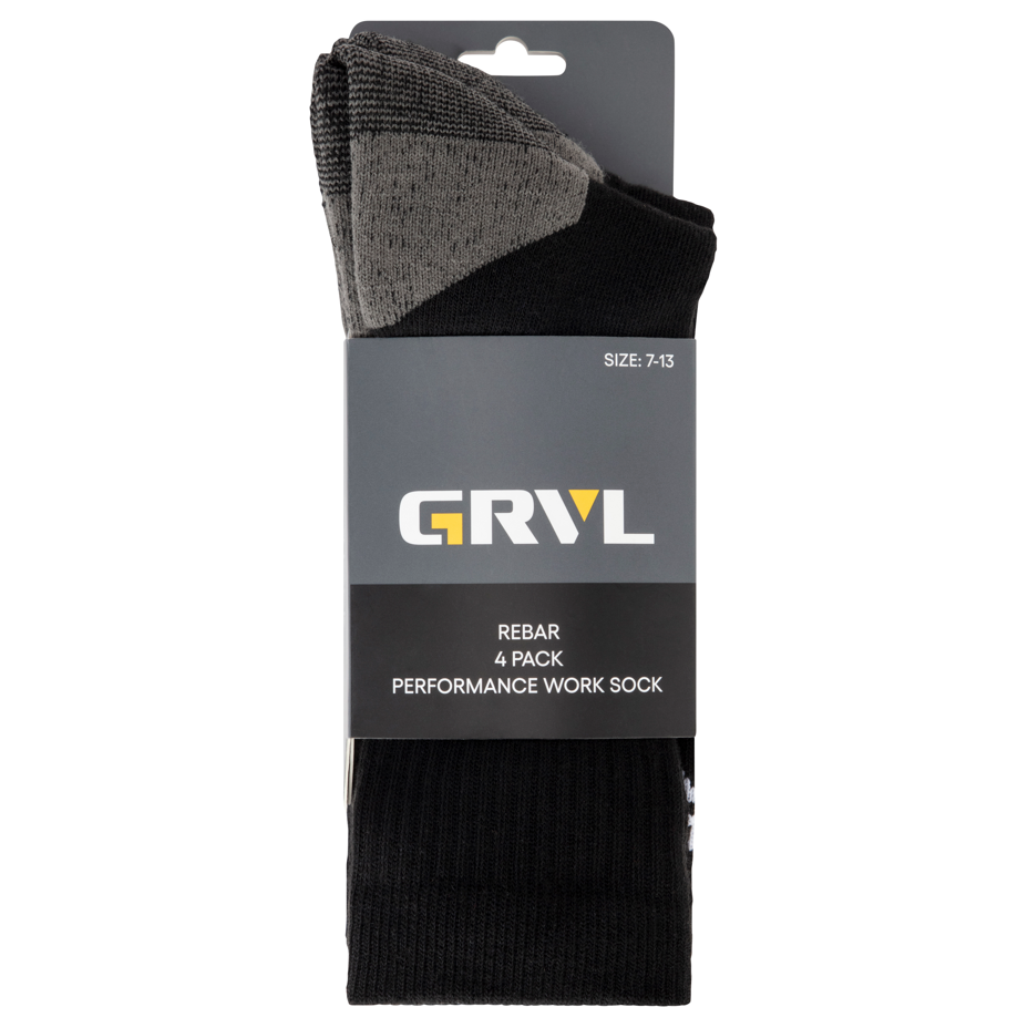 GRVL Socks - Rebar Sorbtek Performance 4 Pack showcasing moisture-wicking technology and durability.