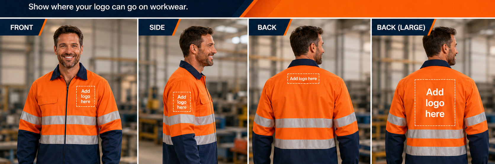 A four-panel product mockup showing a man wearing a high-visibility orange and navy work jacket from the front, side, back, and back large logo area. The image includes a dark blue header with text reading FRONT, SIDE, BACK, and BACK (LARGE), plus placeholder text on the garment and a blurred warehouse background.