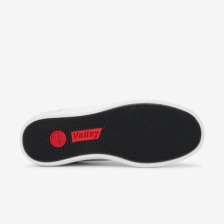 Black non-marking, slip-resistant sole of the Volley 600073 Canvas Safety Shoe with red branding.