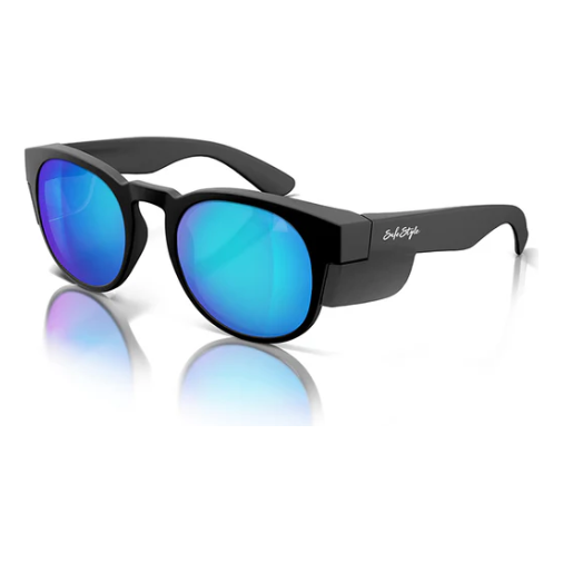 Safe Style CRMBBP100 Cruisers with matte black frame and mirror blue polarised lenses, protective eyewear.