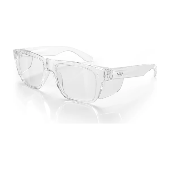 Clear frame safety glasses with a 15% larger design, UV400 protection, and shatterproof materials, ideal for style and safety.