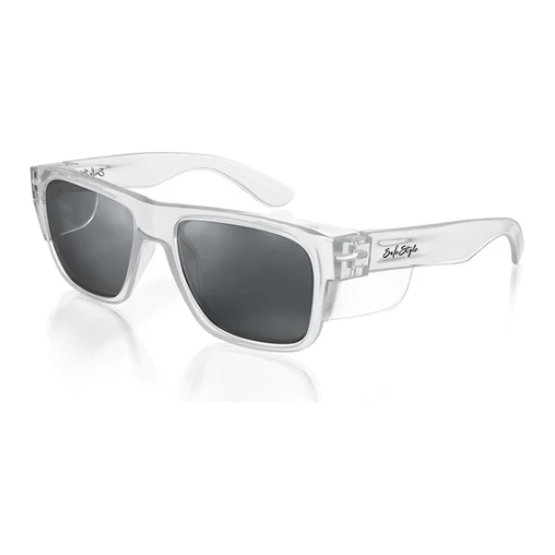 Clear frame tinted safety glasses with UV protection and stylish rectangular design.