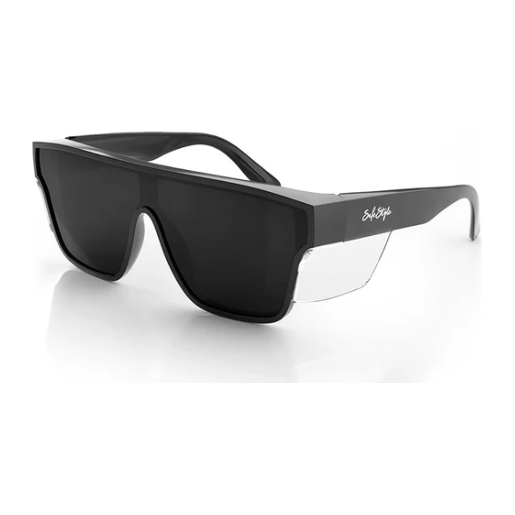 Safe Style PBT100 Primes Black Frame Tinted Safety Glasses with UV400 protection and shatterproof design.