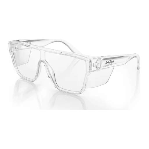 Clear safety glasses with oversized UV400 lens, shatterproof polycarbonate frame, and large side shields for maximum protection.