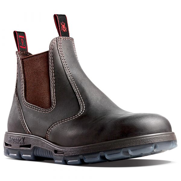 Gray Chelsea boot with brown accents on a white background
