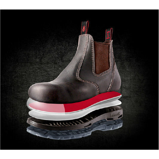 Brown boot with red sole on a black background