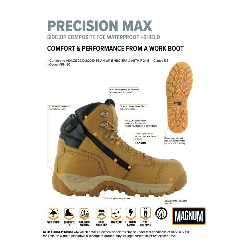 Magnum MPN150 Precision Max Safety Boot with waterproof membrane, composite toe cap, and high traction outsole. Perfect for hazardous environments.