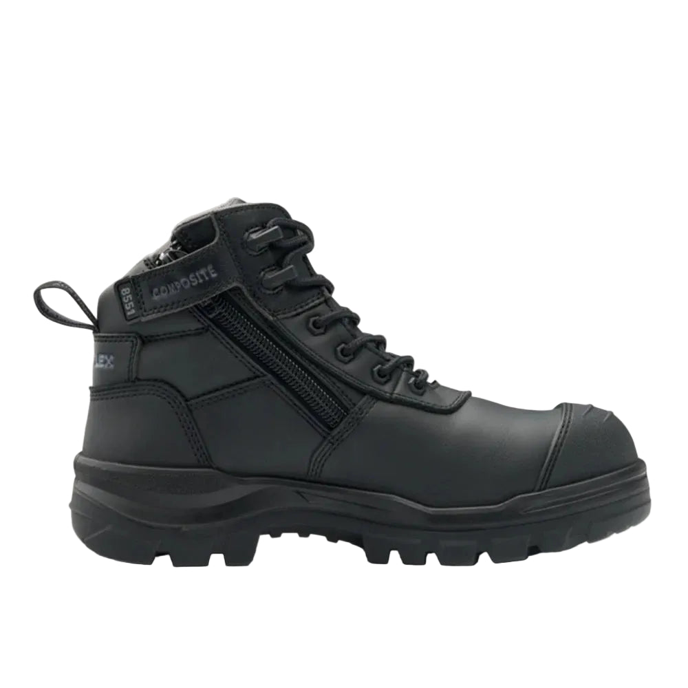A black K-Swiss safety work boot with a side zipper, lace-up front, and protective toe cap, shown in profile against a light beige background.