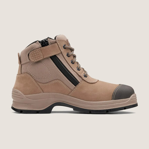 Blundstone 325 unisex zip-up safety boot with stone nubuck finish featuring lace-up and zip-side design.