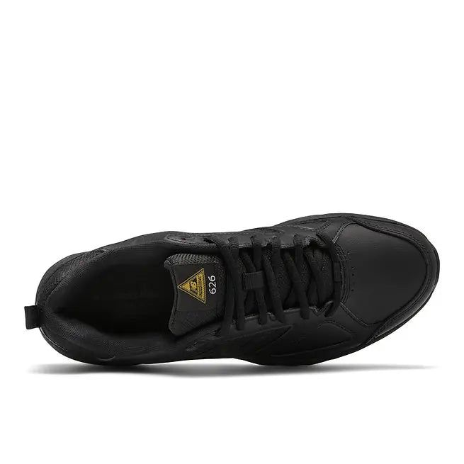 New Balance WID626 Ladies Industrial Jogger, black sneaker top view, ABZORB® cushioning, leather upper, slip-resistant outsole.