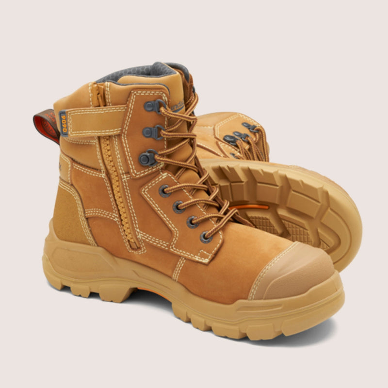 Blundstone 9090 Rotoflex safety boot, wheat nubuck, 150mm zip side, unisex design.