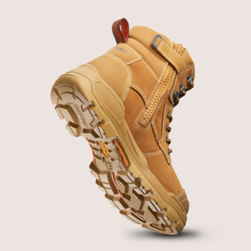 Blundstone 9090 Rotoflex wheat safety boot with rubber sole, steel toe cap, and 150mm zip side.