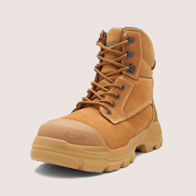 Blundstone 9090 Rotoflex wheat safety boot with zip side and rubber steel protection.