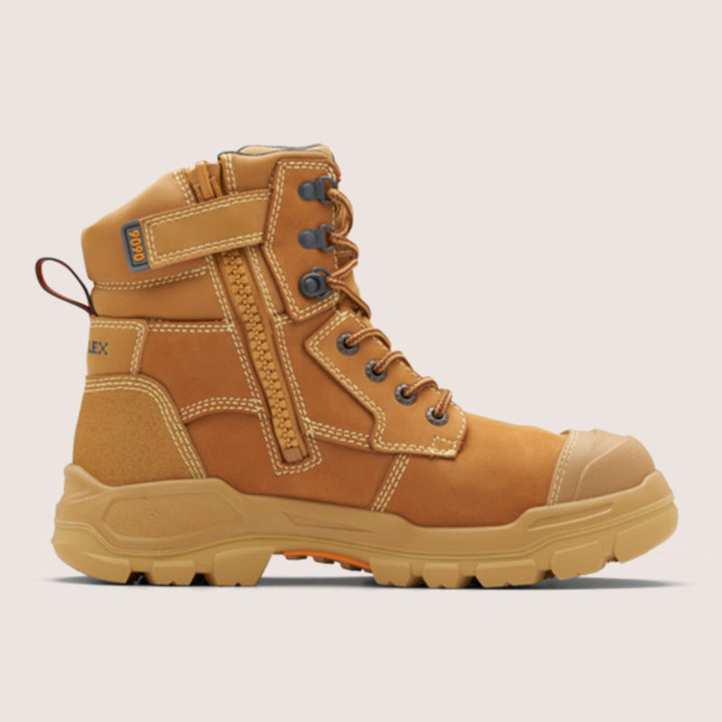 Blundstone 9090 Rotoflex safety boot in wheat, side zip, rubber steel protection, unisex.