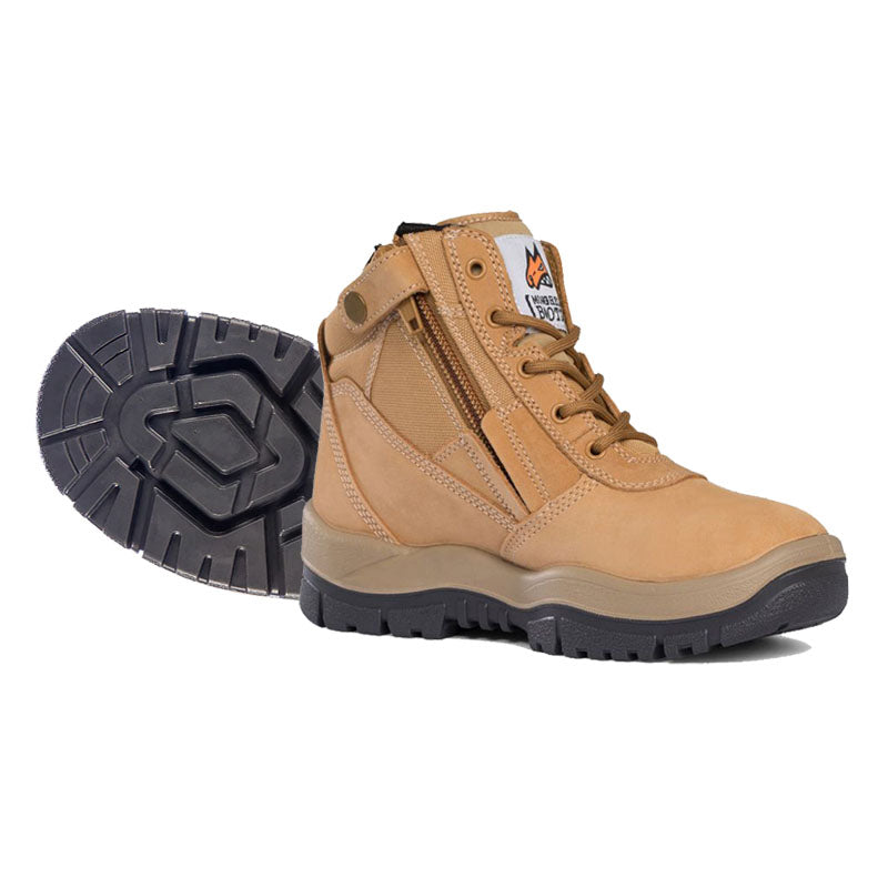 Tan work boot with black sole on a white background