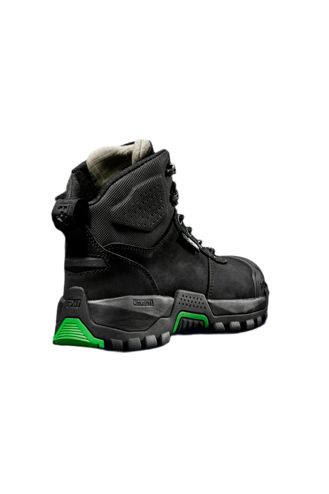 Black hiking boot with green sole on a black background