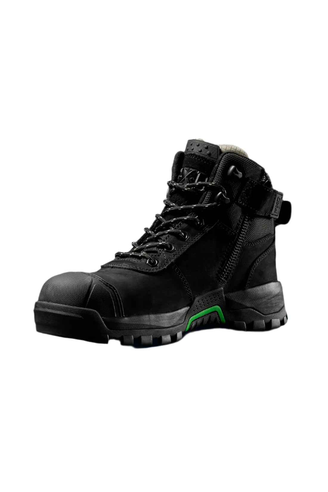 Black hiking boot with green accents on a black background