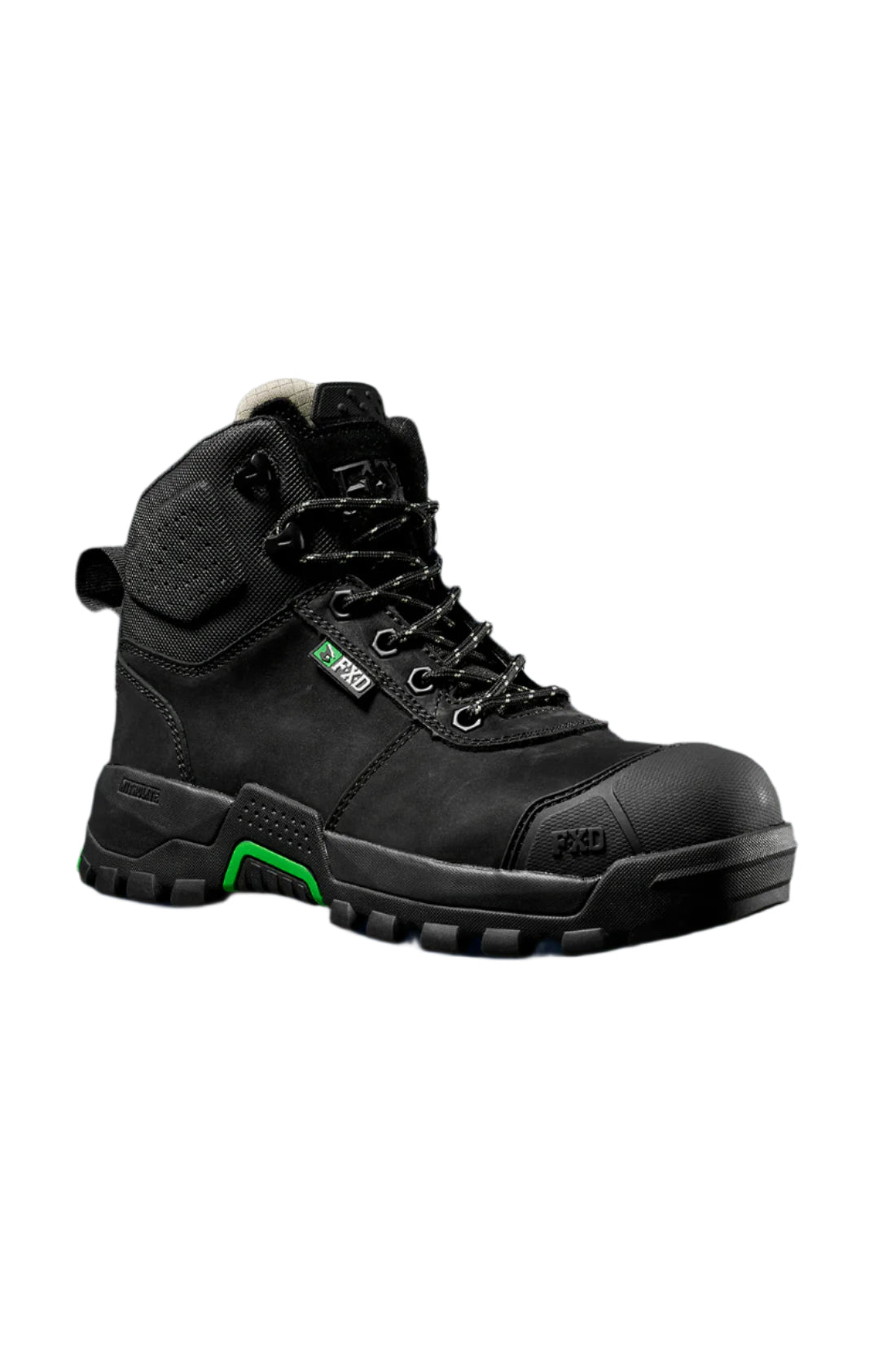 Black boot with green sole on a black background