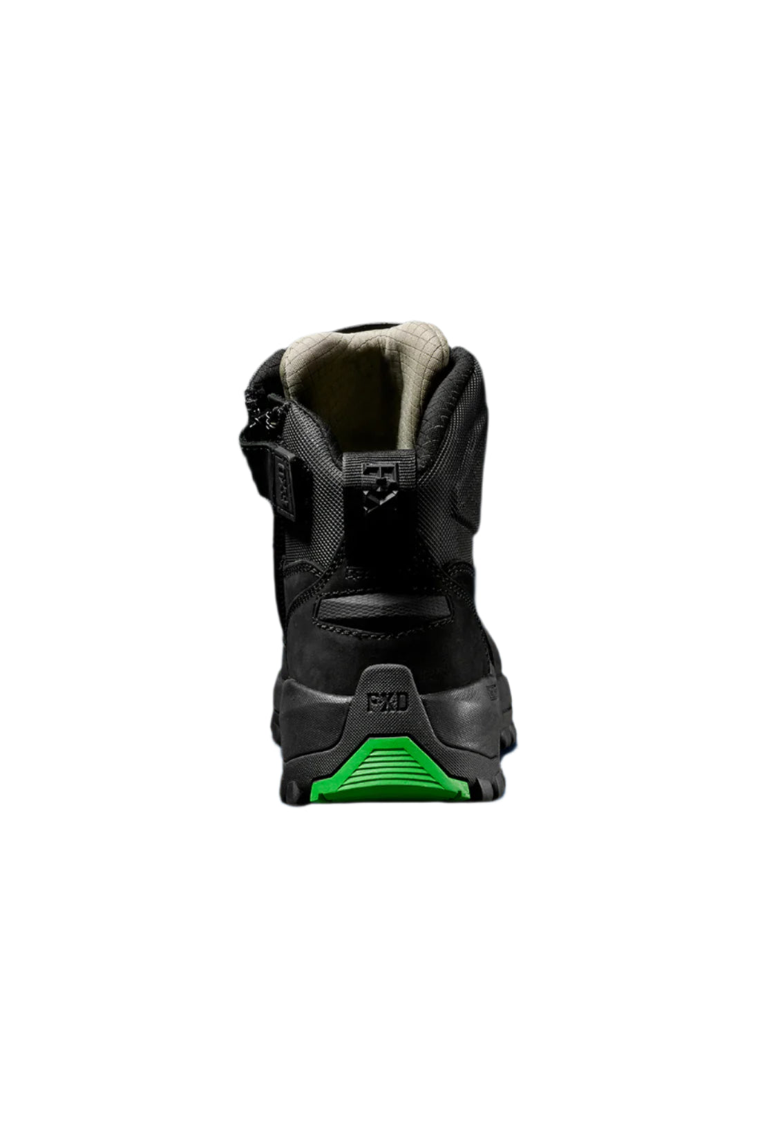 Black boot with green sole on a dark background