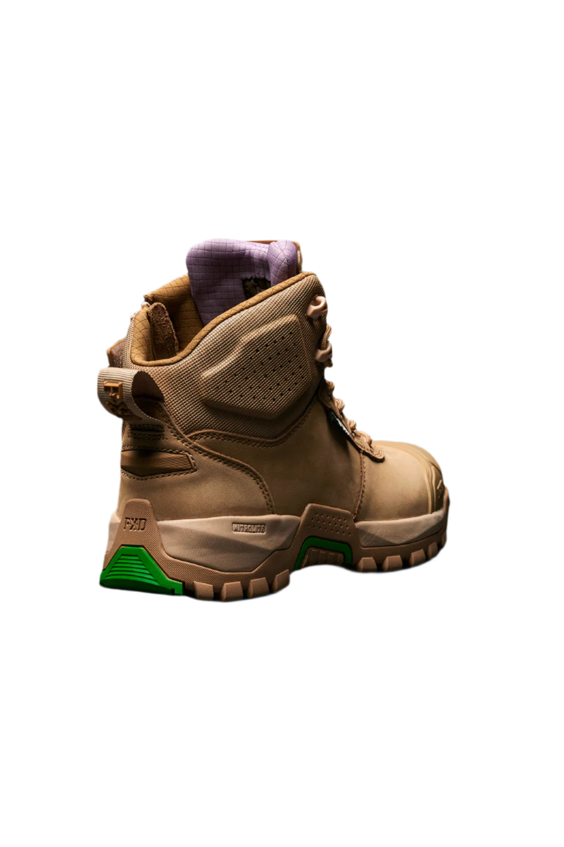 Tan boot with green sole on a black background