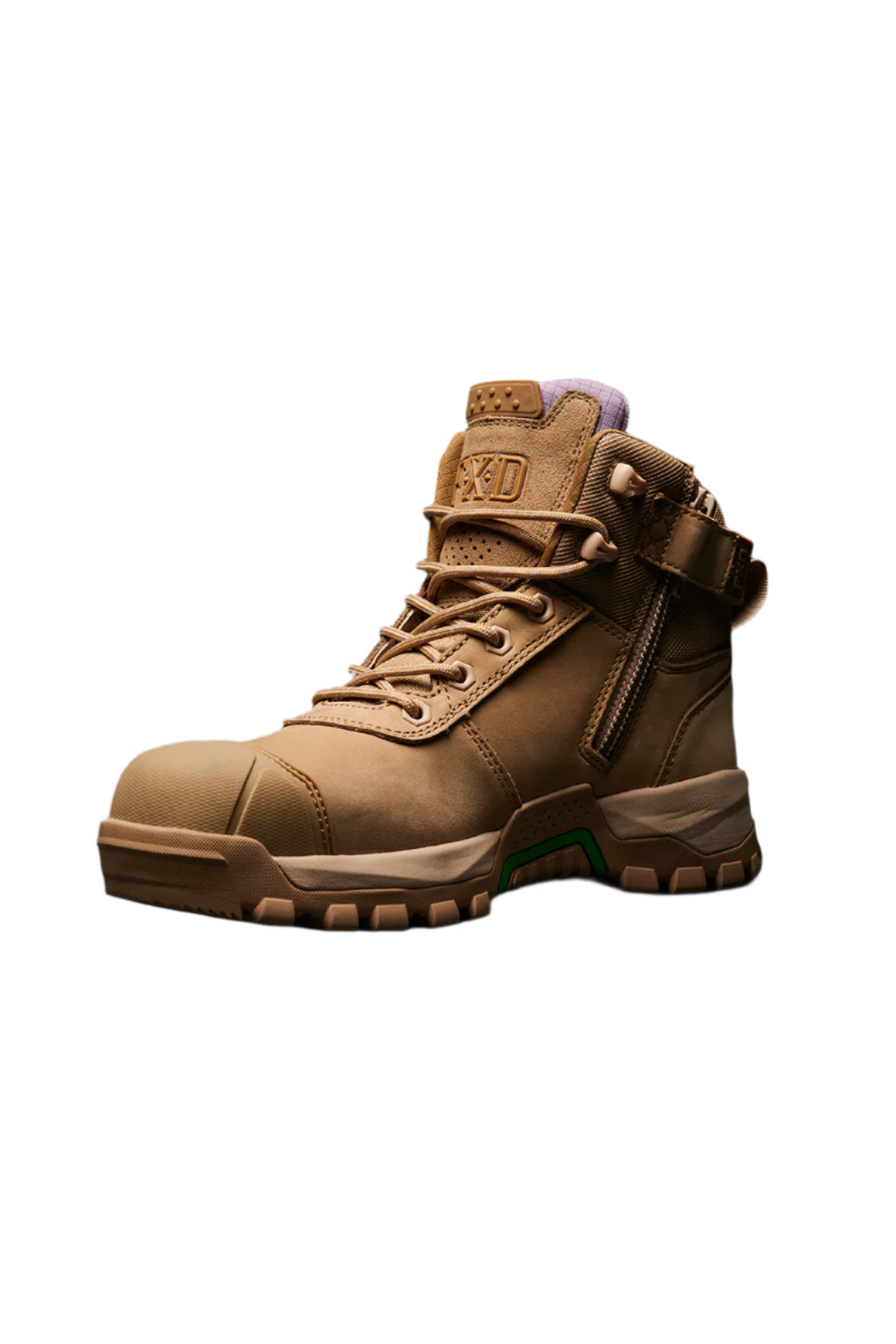 Tan boot with brand logo on a black and blue gradient background