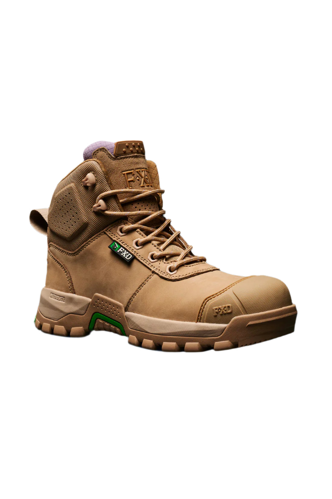 Tan boot with brand logo on a black background