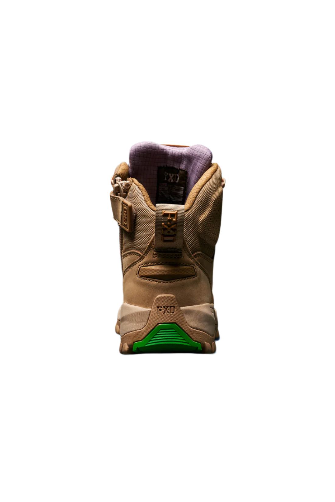 Tan boot with green sole on a black background