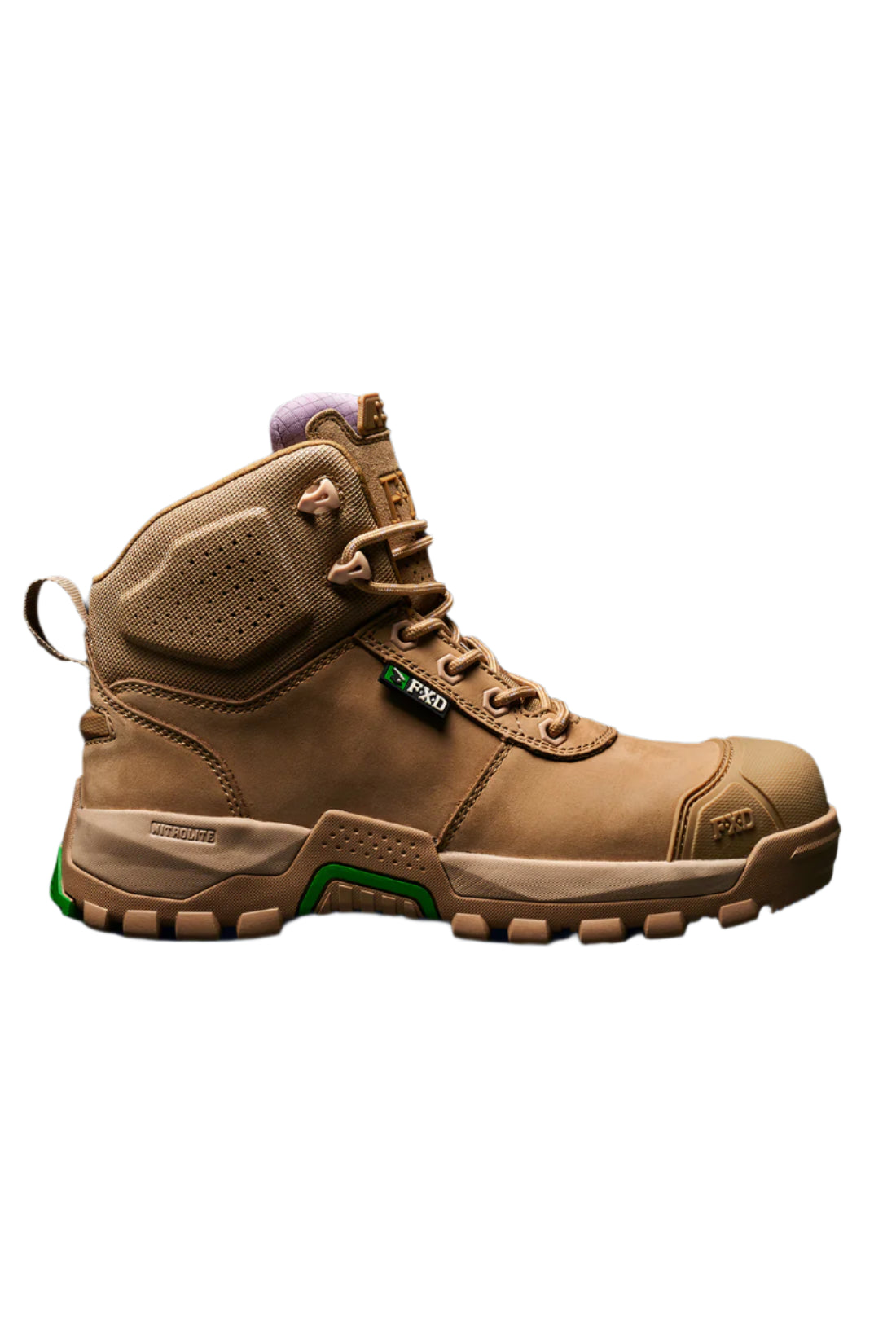 Tan boot with green accents on a black background