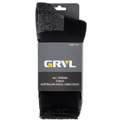 GRVL All Terrain Socks 3 Pack made from Australian Merino Wool, crew length, size 7-13.