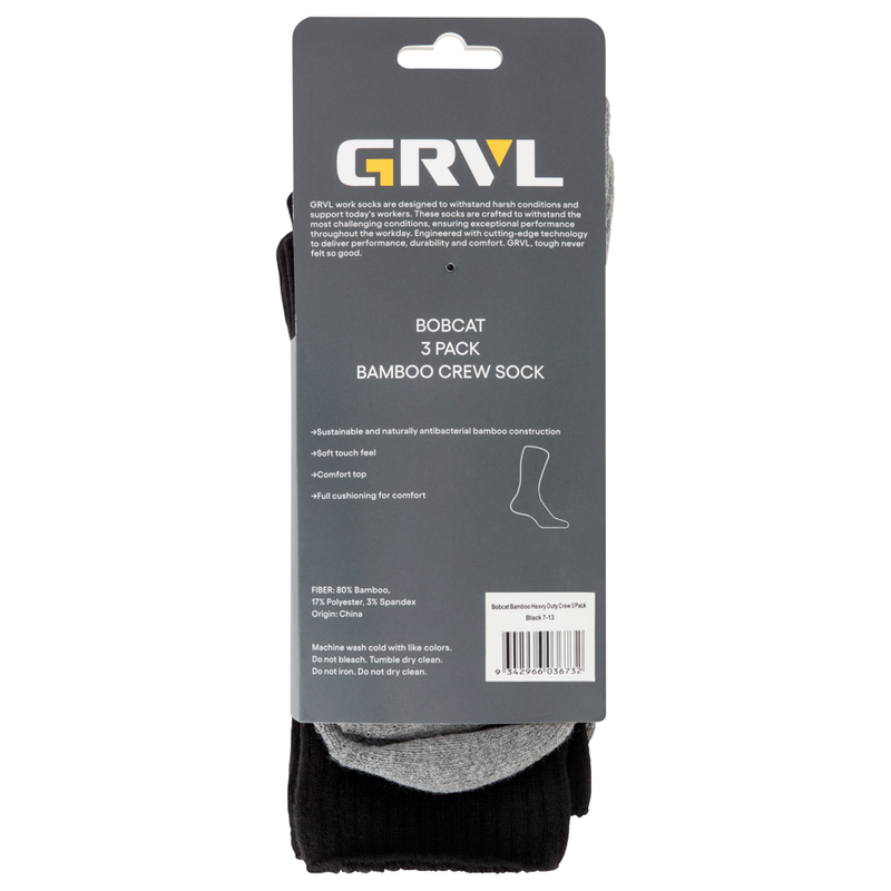 GRVL Socks - Bobcat Bamboo Heavy Duty Crew 3 Pack with arch support and cushioned footbed.