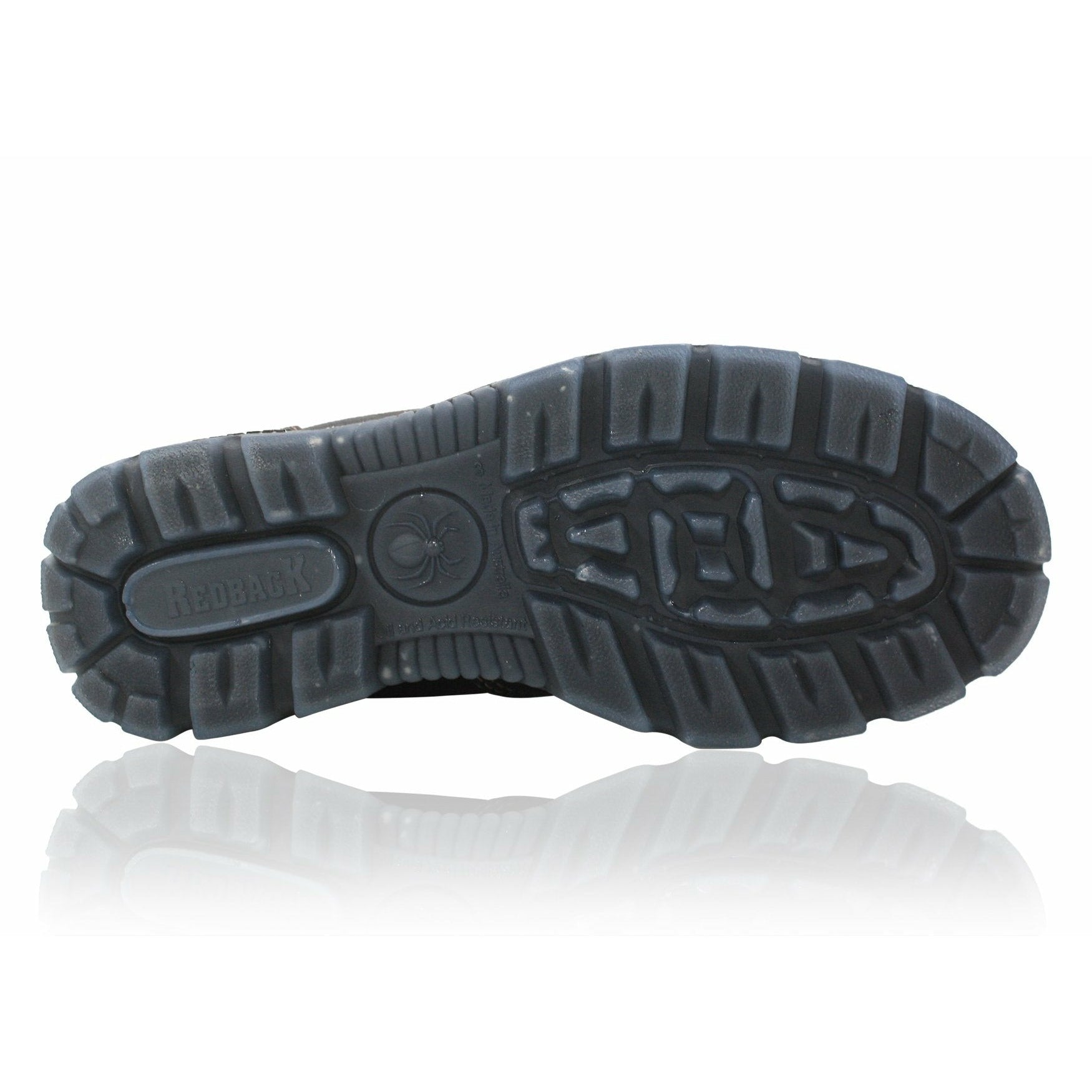 Close-up of a black shoe sole with a brand logo on a white background