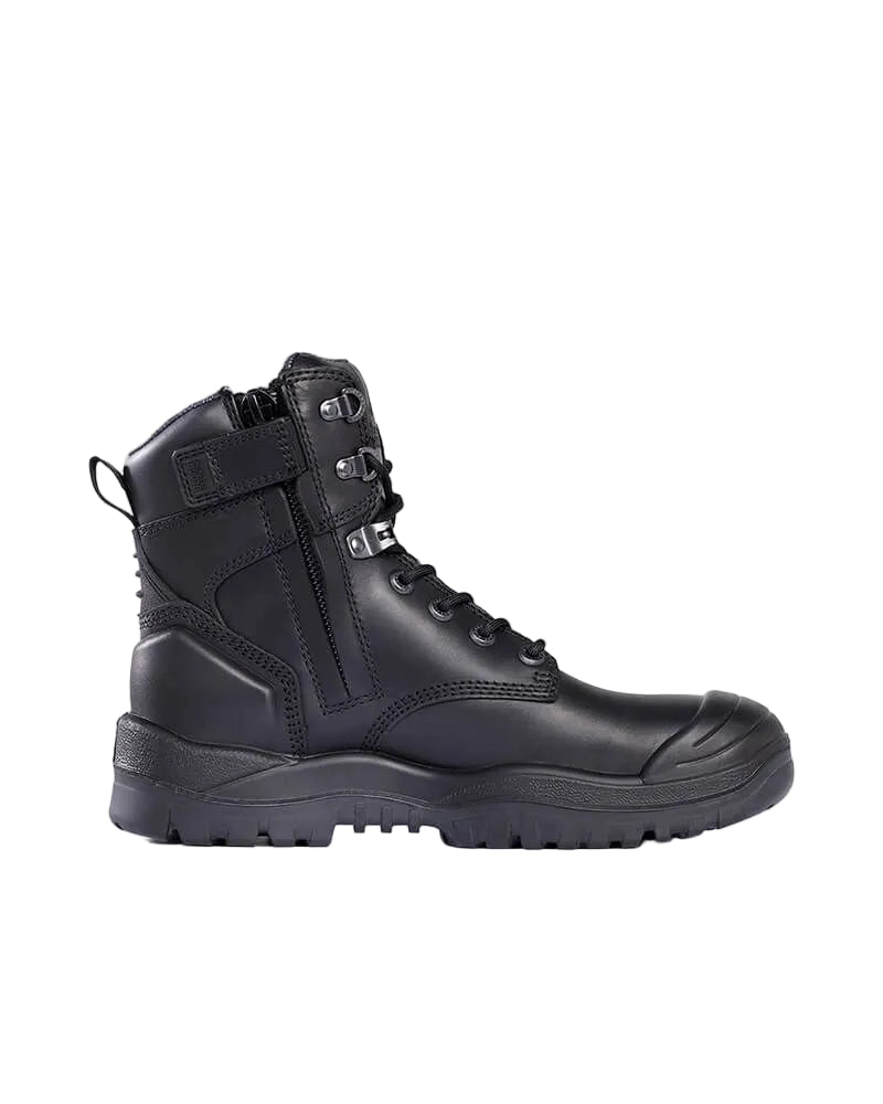 Black tactical boot on a light gray background