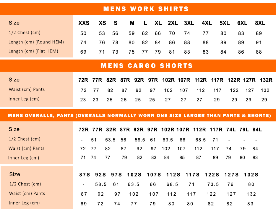 Sizing Chart Accurate Fit for Workwear in Australia